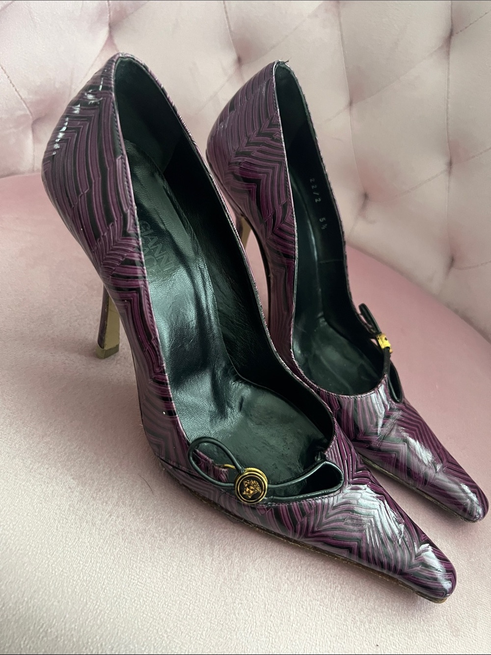 Versace Purple Patterned Pointed-Toe Heels with Gold Accent